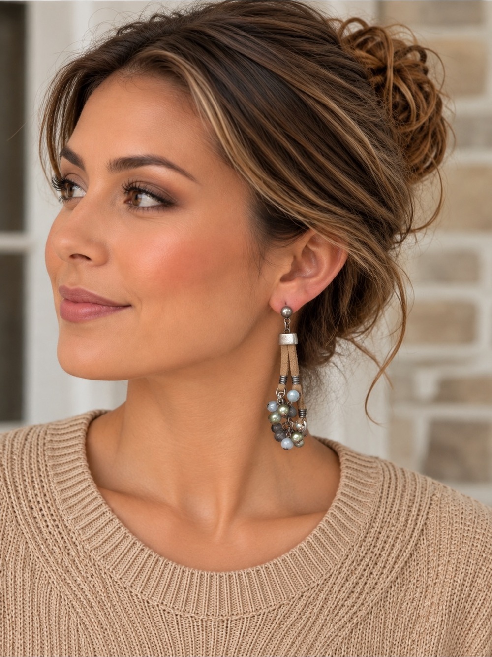 Handcrafted Boho Leather& Beaded Dangle Earrings Silver Tone Gray Green Blue